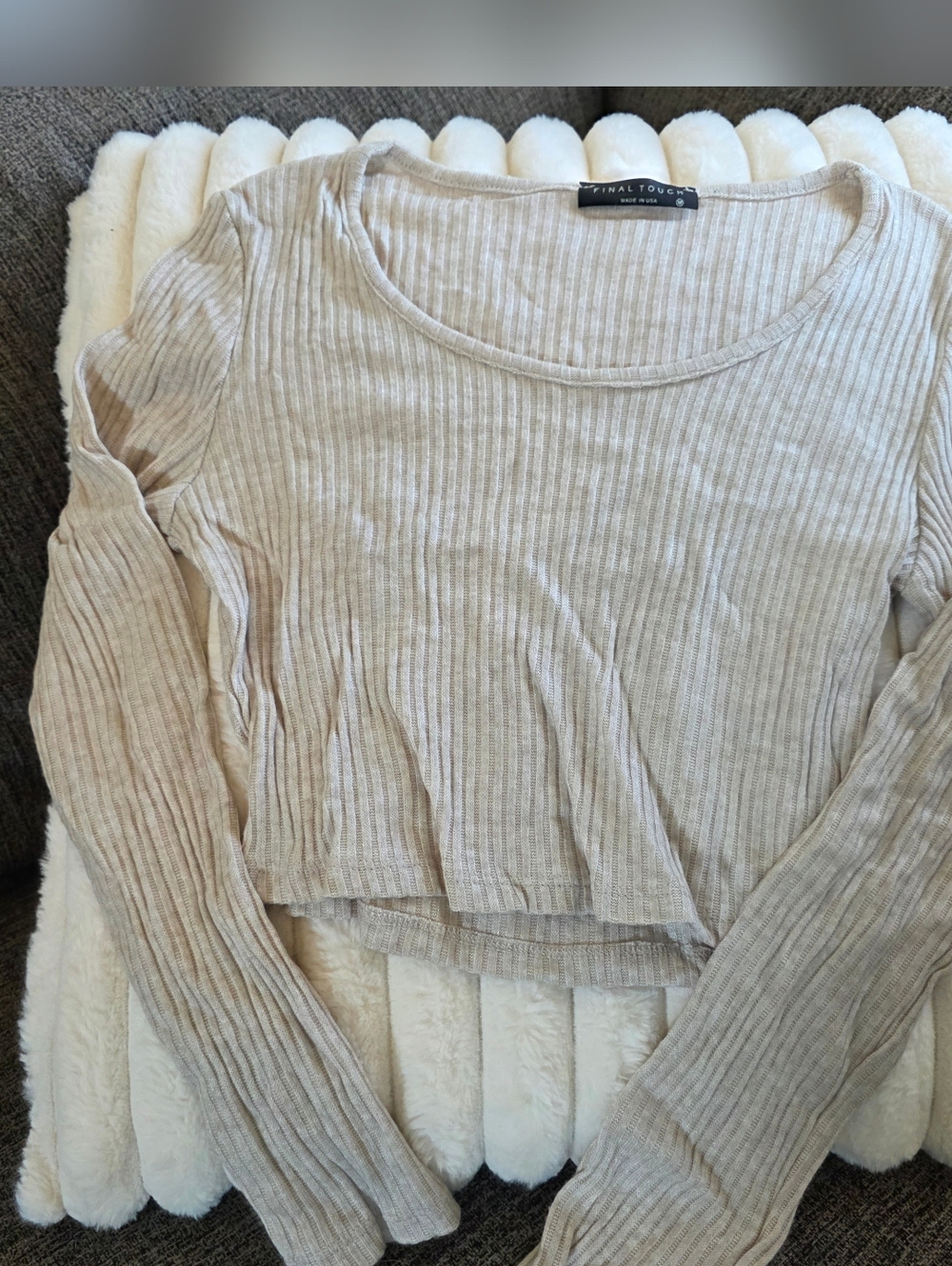 Final Touch Ribbed Long Sleeve Crop Top in Light Beige